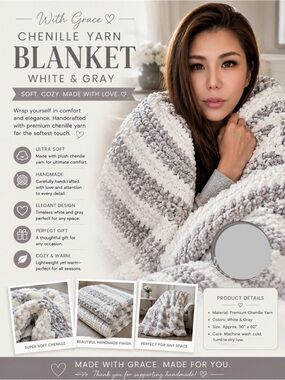 With Grace Chenille Yarn Blanket - White & Gray Cozy Throw hand made ❤️